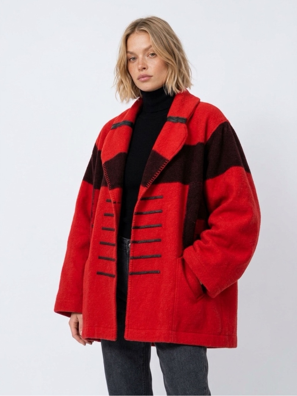 Red and Black Striped Peacoat with Toggle Detail